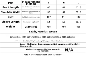 Guide des tailles détaillé et composition du tissu pour veste matelassée 100 % polyester