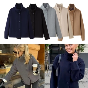 Damen Kurze Wolljacke Stehkragen Einreihig Lässig Elegant Langarm Mode Mantel
