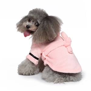 Pink plush pet bathrobe for small dogs and cats with warm flannel material and tie-belt