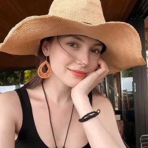 Bohemian woven raffia drop fan earrings for women with straw hat beach style