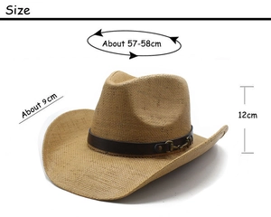 Size specifications of a woven straw cowboy hat with a brown leather decorative band