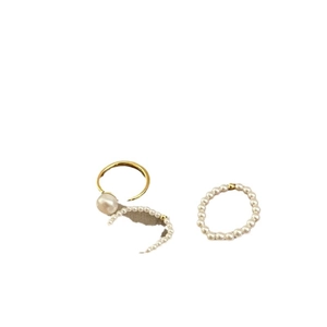 Elegant gold freshwater pearl ring and ear cuff set featuring a minimalist beaded design