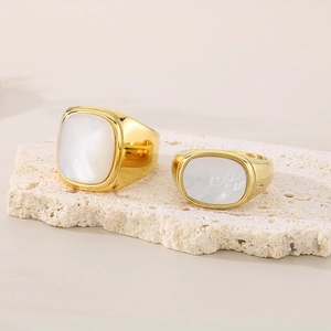 Chic gold-plated stainless steel ring set featuring white shell square and round stones