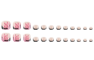Detailed set of 24 pink leaf pattern and black frame press-on toenails on white background