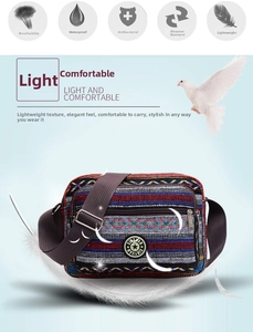 Detail of multi-color striped canvas crossbody bag with dual-zipper compartments