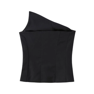 Top a corsetto nero asimmetrico aderente con trama satinata e design monospalla