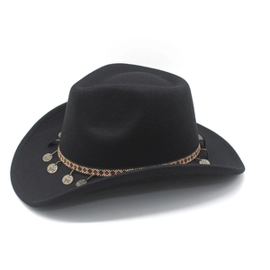 Detail of black cowboy hat featuring ethnic woven band and vintage metal coin charms