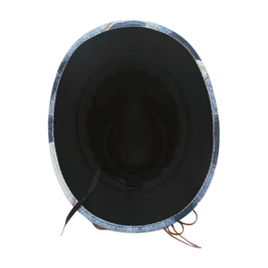 Internal view of denim pattern fedora showing black sweatband and adjustable wind rope