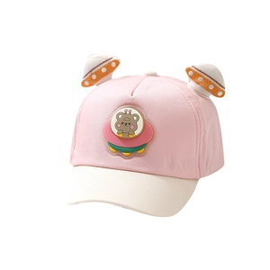 Pink and beige color block baby baseball cap with cute bear spaceship and plush UFOs