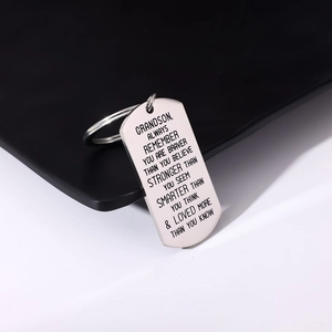Detailed view of brushed stainless steel military tag keychain with engraved text