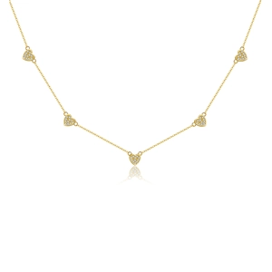Elegant gold S925 silver necklace with five heart pendants pavé-set with white zircons