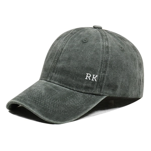 Vintage dark gray washed cotton baseball cap with white RK embroidery and curved brim