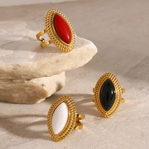 18k gold plated stainless steel agate rings in red black and white colors