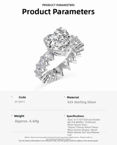 Detailed chart of 925 sterling silver ring with heart pink zircon and technical specs
