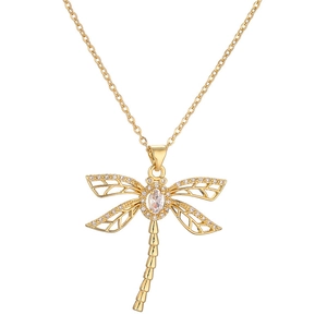 Elegant gold dragonfly pendant necklace with sparkling cubic zirconia on O-chain