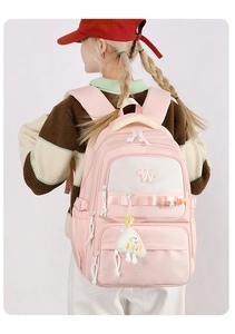 Detailed view of pink student backpack with cute bear embroidery and wide shoulder straps