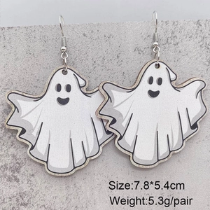 Detail shot of white cartoon ghost Halloween wood earring with size and weight specs