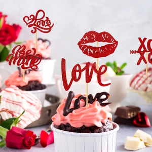 Valentine cupcake toppers with red glitter heart and love designs for party decor