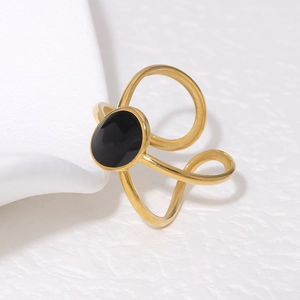 Minimalist 18K gold plated stainless steel multi-layer crossover ring with black stone