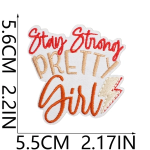 Detail showing Stay Strong Pretty Girl embroidery patch with dimensions 2.2 x 2.17 inches