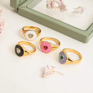 Chic 18K gold plated heart rings set with colorful enamel and zircon in four colors
