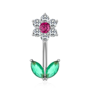 Detail of flower belly ring with pink zircon and green leaf gems on silver base