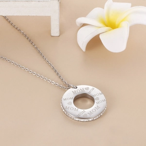 Silver Mother's Day necklace with crystal-encrusted MOM engraved circular pendant