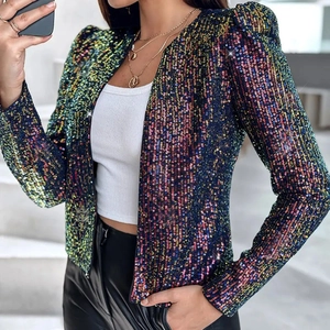 Women's glamorous colorful sequin blazer jacket with leopard patterns and shoulder pads