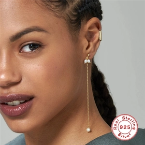 Luxurious S925 sterling silver tassel earrings with elegant white pearls on golden chains
