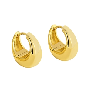 Polished gold chunky hoop earrings with a teardrop shape and secure huggie closure