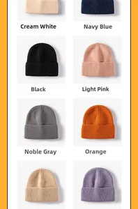 Ribbed knit winter beanies shown in six vibrant colors including navy, grey, and orange