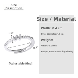 Size chart for adjustable W-letter ring in silver-plated copper with zircon stones