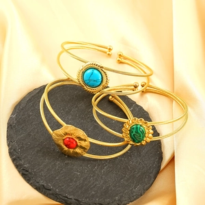 Elegant gold titanium steel bracelets set with turquoise and gemstone inlay for women