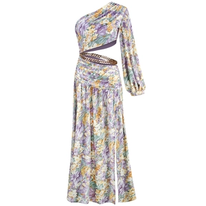 Detail of floral one-shoulder dress featuring waist cutout and decorative gold chain link