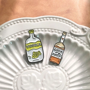 Cute set of 2 alloy enamel pins featuring a vodka bottle and wine not themed brooch