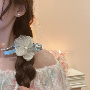 Detailed view of mesh flower hair clip with pearl heart gem on braided hair