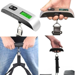 Details of portable 50kg digital luggage scale with LCD backlit display and hook
