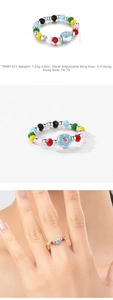 Detailed view of S925 sterling silver colorful beaded elastic ring with flower charm