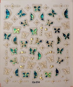 Detail of blue and green butterfly nail stickers with gold embossed foil outlines