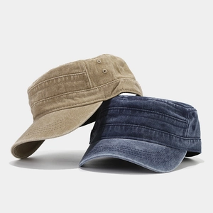 Vintage washed canvas cadet cap in khaki and navy blue with reinforced stitched brim