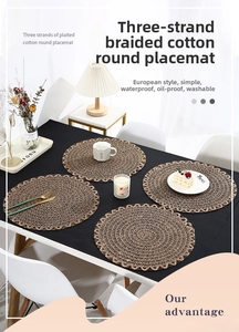 Detail of dark brown braided round placemats featuring a waterproof and oil-proof texture