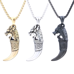 Wolf Head Tooth Pendant Necklace Vintage Ethnic Totem Stainless Steel Jewelry Punk Rock Viking Style For Men And Women