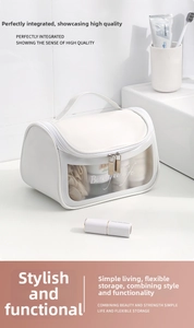 Close-up of white PVC toiletry bag with Beautiful Life text and double zipper detail