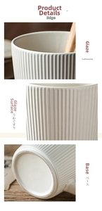 Detailed macro shots of white ceramic mug with vertical relief texture and glazed base
