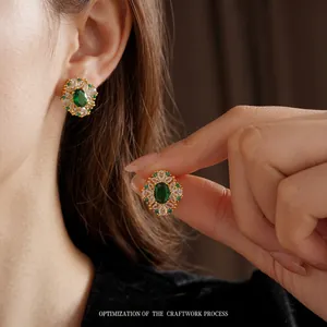 Boucles D'oreilles Vintage Luxe Zircone Vert Émeraude Avec Tige En Argent Cuivre Plaqué Or Bijoux Élégants Pour Femmes