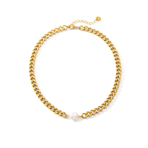 Baroque pearl necklace with 18K gold-plated stainless steel Cuban chain for women