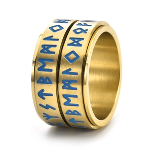 Golden Viking rune spinning ring in stainless steel with luminous blue Nordic characters