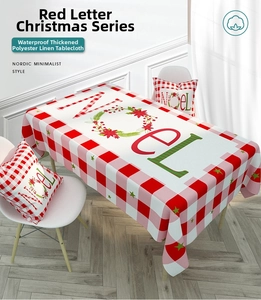 Waterproof red plaid Christmas tablecloth with Noel floral print and matching cushion