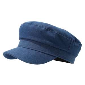 Classic dark blue denim navy flat top cap with high-quality twill cotton fabric texture