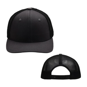 Detail view of breathable trucker hat with dark grey front panel and black mesh snapback